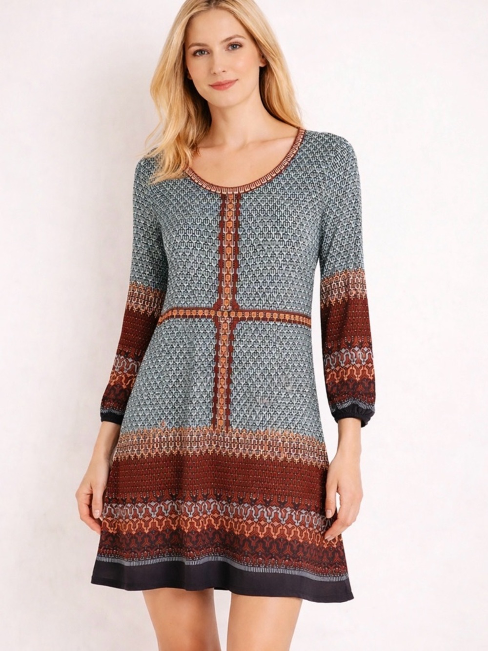 Max Studio Blue and Brown Patterned Long Sleeve Dress